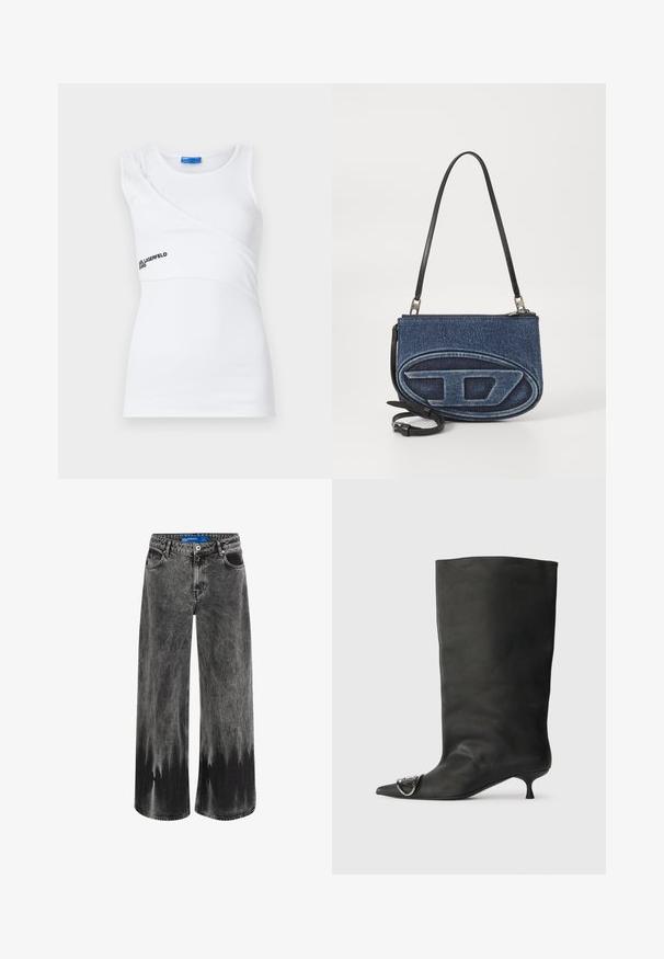 Vit ribbad linne med asymmetrisk design, som har en axelrem och en subtil svart logotyp på framsidan.; Breda jeans i blekt svart denim, med en dip-dye-effekt, stålbeslag och en klassisk femfickorsdesign med standardmidja.; Svart läder ankelstövel med spetsig tå, liten klack och metallisk accentdetalj på tån. Slät, matt yta över hela skon.; Denimbag med korsband och svart läderrem, oval logodesign på framsidan och dragkedjestängning på toppen. Texturerad yta.