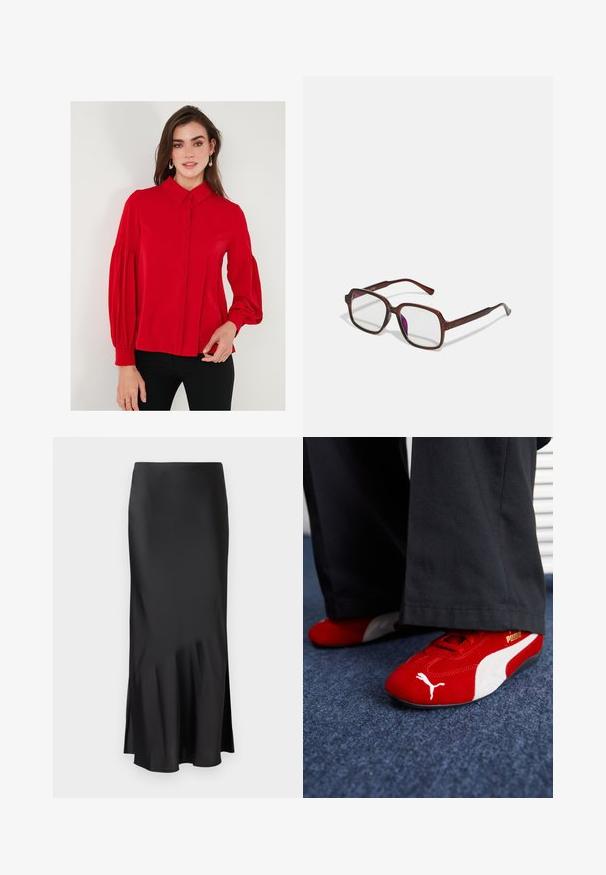 Crvena bluzica dugih rukava s dugmadi sprijeda, kragnom i obimnim rukavima. Glatka tkanina s uskim strukom i laganim skupljanjem na manžetama.; Crna satenska midi suknja s elegantnim dizajnom, koja ima lagani izrez na rubu i bočni prorez za lakše kretanje. Glatka tekstura.; Crvene od nubuka tenisice s bijelim detaljima, sa teksturiranim materijalom, okruglim vrhom i zlatnim logom sa strane, nosi se s crnim hlačama.; Smeđe, pravokutne naočale s prozirnim lećama i ljubičastim nijansama. Glatki plastični okvir sa ravnim skrambljima i suptilnim akcentsima.