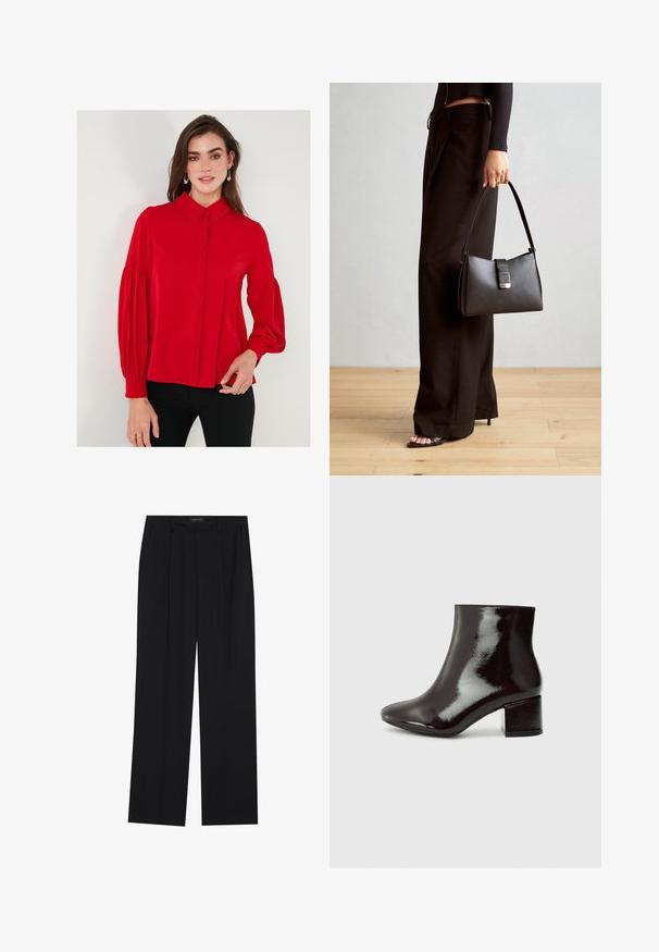 Czerwona bluzka z długim rękawem, zapinana na guziki, z kołnierzykiem i obszerne rękawy. Gładki materiał, dopasowana w talii, z delikatnym marszczeniem przy mankietach.; Czarne spodnie o prostym kroju nogawek, z dwoma przednimi kieszeniami i paskiem w talii. Wykonane z gładkiego, lekkiego materiału.; Czarne lakierowane botki za kostkę z szpiczastym noskiem i grubym obcasem. Gładka tekstura z subtelnym połyskiem i prostymi liniami, minimalistyczny design.; Czarna torebka o usztywnionym kształcie, gładkiej fakturze i metalowym zapięciem. Połączona z szerokimi czarnymi spodniami i sandałami na otwartym palcu na drewnianej podłodze.