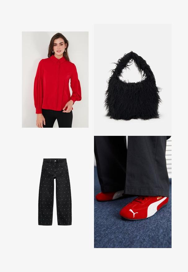 Crvena bluzica dugih rukava s dugmadi sprijeda, kragnom i obimnim rukavima. Glatka tkanina s uskim strukom i laganim skupljanjem na manžetama.; Crne traperice širih nogavica s uzorkom malih srebrnih grometa, klasičnog dizajna s pet džepova i zatvaranjem na kopčanje.; Crvene od nubuka tenisice s bijelim detaljima, sa teksturiranim materijalom, okruglim vrhom i zlatnim logom sa strane, nosi se s crnim hlačama.; Even&Odd Velika torba - black