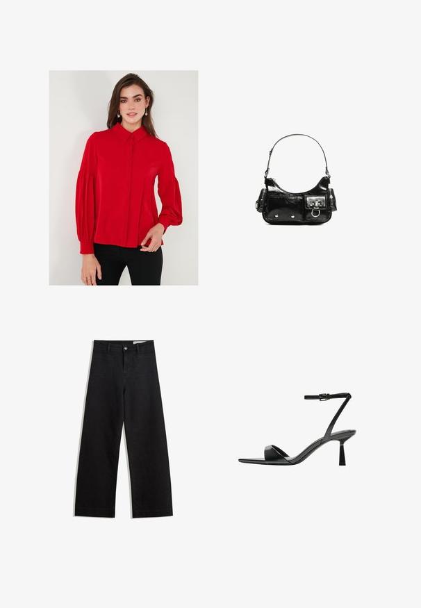 Röd blus med långa ärmar, knäppning framtill, krage och voluminösa ärmar. Slät tygkvalitet med figursydd midja och lätt rynkning vid manschetterna.; Svarta vida denimbyxor med hög midja, med fram- och bakfickor, sydda sömmar och knappstängning. Slät textur.; Bershka Sandaletter - black; Svart lackläderhandväska med en rundad form, en axelrem, framfickor och detaljer i silverfärg.