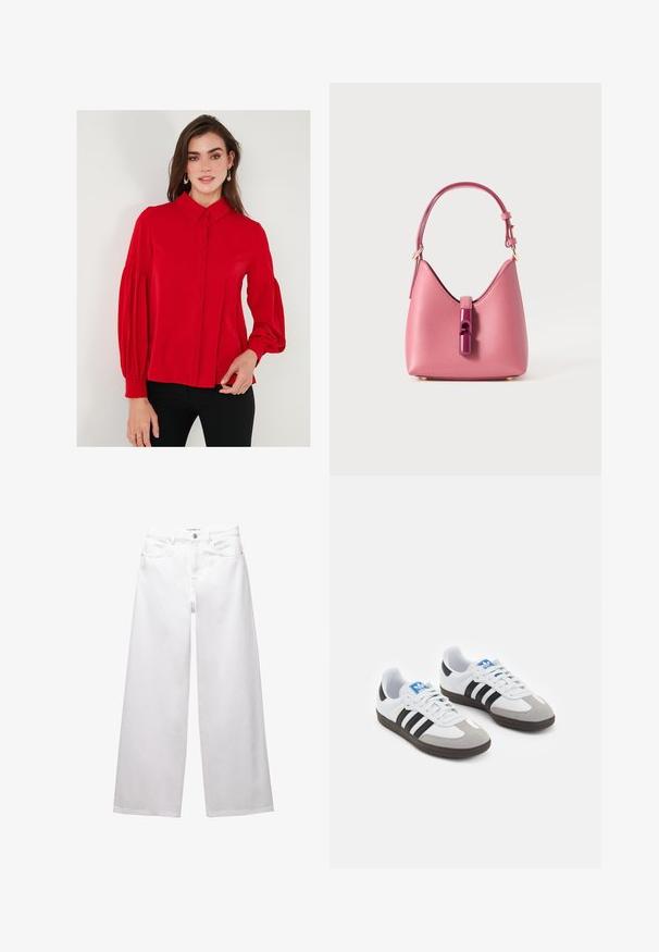 Punainen, pitkähihainen paita, jossa on napitettava etuosa, kaulus ja runsaasti leikatut hihat. Sulava kangas, jossa on istuva vyötärö ja hieman kerroksia hihansuissa.; Valkoiset leveät farkut, jotka on valmistettu denimestä. Varustettu nappikiinnityksellä, etu- ja takataskuilla sekä ommelluilla saumoilla. Sujuva pinta, jossa on minimaalinen yksityiskohtaisuus.; Urheilukengät, joissa on valkoinen nahkainen päällinen, harmaa mokkanokka ja kolme mustaa raitaa. Ominaisuuksina sininen logo kielekkeessä ja kuvioitu kumipohja.; Vaaleanpunainen nahkalaukku, jossa on rakenteellinen muoto, kiiltävä suljenta ja yksi säädettävä olkahihna. Rakeinen pinta ja kultainen metalliosat.