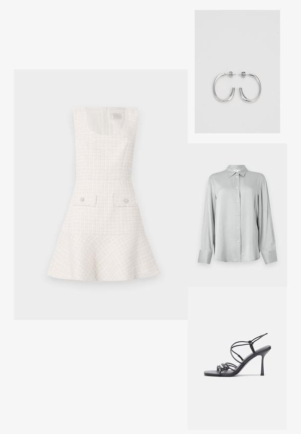 Light gray long-sleeve shirt with a structured collar and front button closure. Made from smooth fabric with a relaxed fit and long cuffs.; White tweed dress with a flared skirt, scoop neckline, and two front pockets accented with round buttons. Textured, structured design.; Black high-heeled sandals feature thin straps with a knotted design, a smooth square toe, and a sleek stiletto heel.; Light gray metallic handbag featuring a chain strap, embellished with small circular metallic studs and a triangular brand logo.; Silver hoop earrings with a smooth, shiny finish. Rounded shape, lightweight design, featuring a post-back closure.