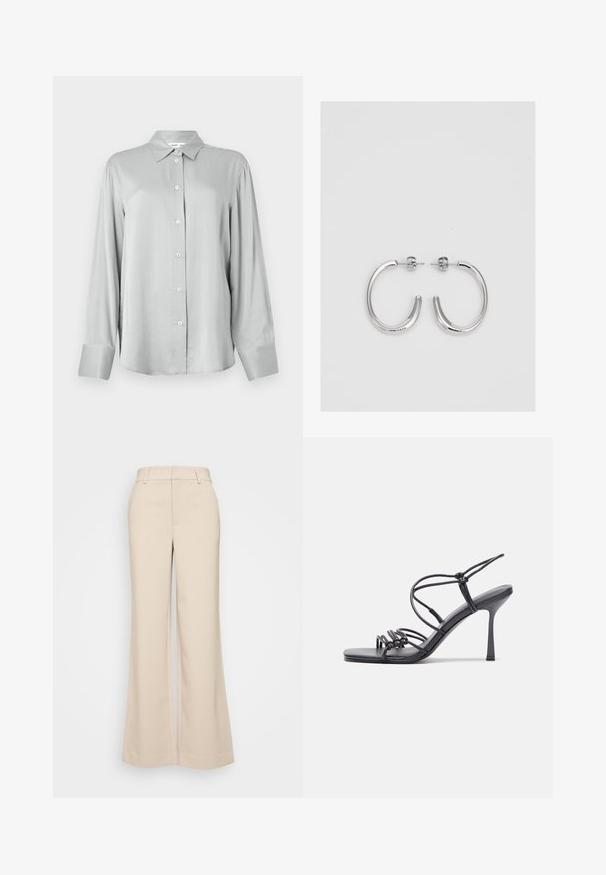 Hellgraues langärmliges Hemd mit strukturiertem Kragen und Knopfverschluss vorne. Hergestellt aus glattem Stoff mit lockerer Passform und langen Manschetten.; Beige weite Hosen mit glatter Textur, ausgestattet mit einem hohen Taillenbund und zwei vorderen Taschen. Schlichtes Design mit taillierter Passform.; Schwarze, hochhackige Sandalen mit dünnen Riemen und einem geknoteten Design, einer glatten, rechteckigen Zehenpartie und einem eleganten Stiletto-Absatz.; Silberne Creolen mit einer glatten, glänzenden Oberfläche. Abgerundete Form, leichtes Design, mit einer Steckverschluss.