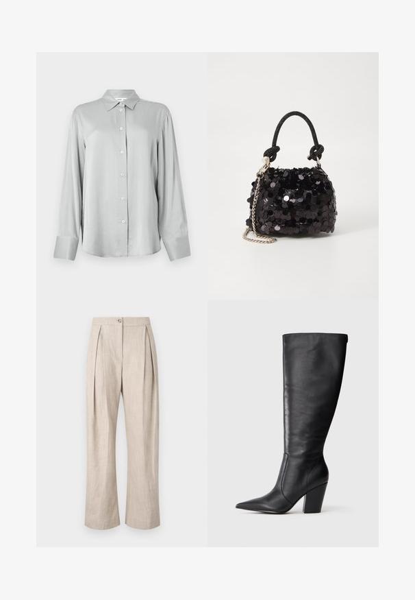 Vaaleanharmaa pitkähihainen paita, jossa on muotoiltu kaulus ja etunapitus. Valmistettu sileästä kankaasta, jossa on rento istuvuus ja pitkät hihansuut.; Beige pellavahousut, joissa on pleateja, leveät lahkeet ja nappikiinnitys edessä. Kankaassa on tekstuurinen ilme ja kevyt, hengittävä laatu.; Mustasirinnat mustat nahkasaappaat, joissa on terävä kärki ja paksu korkea korko, esitetty vasemman sivuprofiilin näkökulmasta valkoista taustaa vasten.; Mustan paljetti-minilaukku, jossa on solmittu teksturoidu hihna ja hopeaketju. Pyöreä muoto, joissa on rypistetty yläosa ja heijastava yksityiskohta.