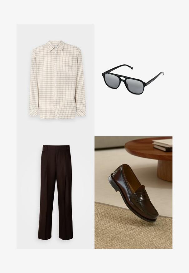 Koszula w kratę na jasnobeżowym tle, z małymi brązowymi i ciemnoczerwonymi kwadratami, z długimi rękawami, kołnierzykiem zapinanym na guziki oraz kieszonką na przodzie.; Brązowe spodnie o prostym kroju, z przodu plisą, gładką fakturą i klasycznym paskiem w talii. Idealne na formalne okazje.; Brązowe skórzane mokasyny o błyszczącym wykończeniu, z przeszyciem z przodu i niskoprofilową czarną gumową podeszwą.; Czarne okulary przeciwsłoneczne z prostokątnymi oprawkami, szarymi soczewkami i wycięciem w mostku. Gładki, błyszczący materiał plastikowy, z wąskimi zausznikami.