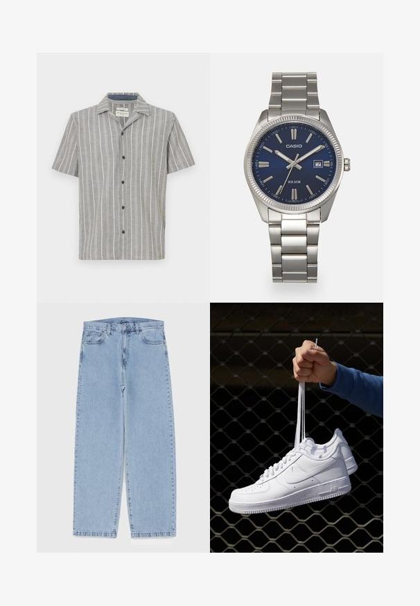 Šviesiai pilkas trumpomis rankovėmis marškinėliai su baltomis vertikaliomis juostelėmis. Savybės: mygtukų uždarymas ir klasikinis apykaklė. Pagaminti iš lengvos medžiagos.; Šviesiai mėlyni džinsai su tiesiomis kojomis, turintys vidutinio aukščio juosmenį, penkias kišenes ir mygtuko bei užtrauktuko uždarymą.; Balti odiniai sportiniai bateliai su perforacijomis, apvalia nosimi, plokščiu padu ir storomis raištelėmis, su matomu swoosh logotipu ir "AIR" ant kulno.; Sidabrinis nerūdijančio plieno laikrodis su tamsiai mėlynu ciferblatu, metaliniais valandų žymenimis ir datos langeliu 3 valandą. Atsparus vandeniui iki 50 metrų.