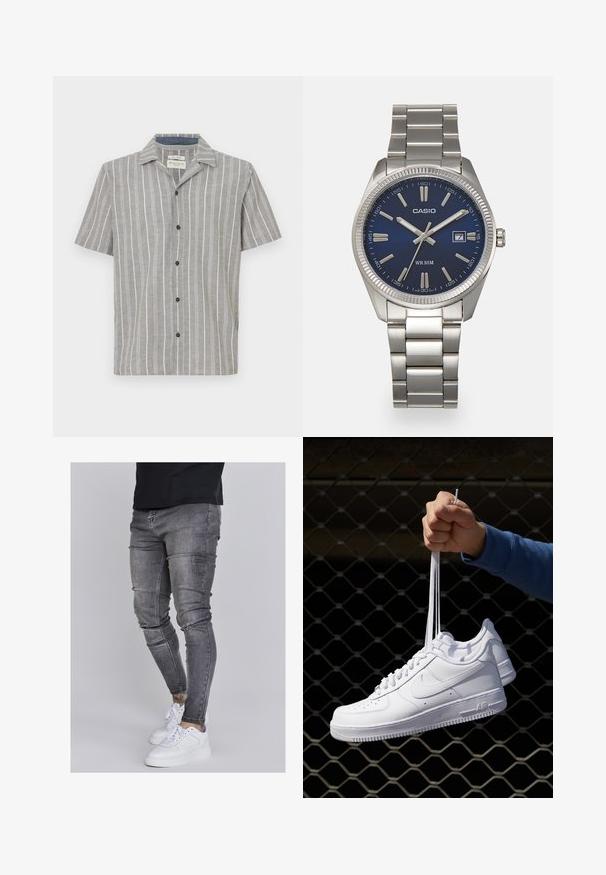 Srajca s kratkimi rokavi v svetlo sivi barvi z belimi vertikalnimi črtami. Ima gumbno zapenjanje spredaj in klasičen ovratnik. Narejena je iz lahkega blaga.; Oprijete jeans hlače iz izbledele sive denima, z obrabljenimi detajli na kolenih, v kombinaciji z belimi športnimi copati. Gladka tekstura, oblikovan slim fit dizajn.; Bela usnjena športna obutev s perforacijami, okroglo konico, ravnim podplatom in debelimi vezalkami, z vidnim logotipom smoosh in napisom "AIR" na peti.; Srebrna nerjaveča jeklena ura z modrim številčnico, kovinskimi kazalci ter oknom za datum na 3. uri. Vodoodporna do 50 metrov.