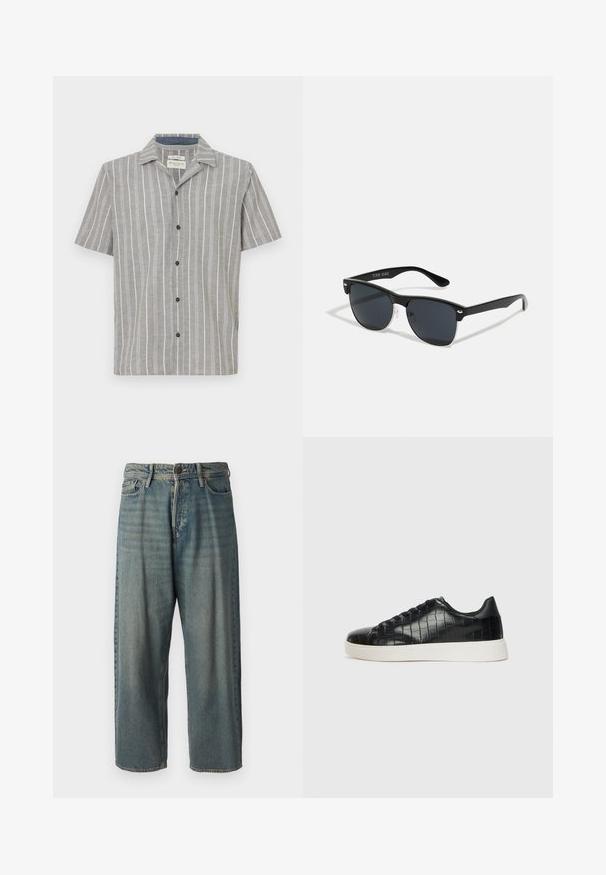Κοντομάνικο πουκάμισο σε ανοιχτό γκρι χρώμα με λευκές κατακόρυφες ρίγες. Διαθέτει κουμπωτή μπροστινή όψη και κλασικό γιακά. Κατασκευασμένο από ελαφρύ ύφασμα.; Ανοιχτό μπλε τζιν παντελόνι με χαλαρή γραμμή, μέση μέσου ύψους και ευθείες γραμμές. Περιλαμβάνει πέντε τσέπες, θηλιές ζώνης και κούμπωμα με κουμπί.; Μαύρα αθλητικά παπούτσια με υφή από δέρμα με ανάγλυφο σχέδιο κροκοδείλου, στρογγυλή μύτη και αντίθετη λευκή καουτσούκ σόλα με λείες επιφάνειες.; Μαύρα γυαλιά ηλίου σε ορθογώνιο σχήμα, σκούροι φακοί, ασημί λεπτομέρειες στους κροτάφους και ματ φινίρισμα στον σκελετό.