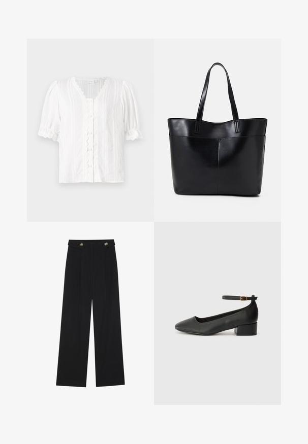 White blouse featuring puff sleeves, a scalloped neckline, and button front. Textured fabric with vertical stripes and decorative trim.; Black wide-leg trousers with high waist, button details on waistband, and front pleats.; Black leather pump with a pointed toe and a low block heel. Features an ankle strap with a gold-tone buckle. Smooth texture.; Black leather tote bag with two long handles, a smooth texture, and a structured shape. Features a front pocket for additional storage.