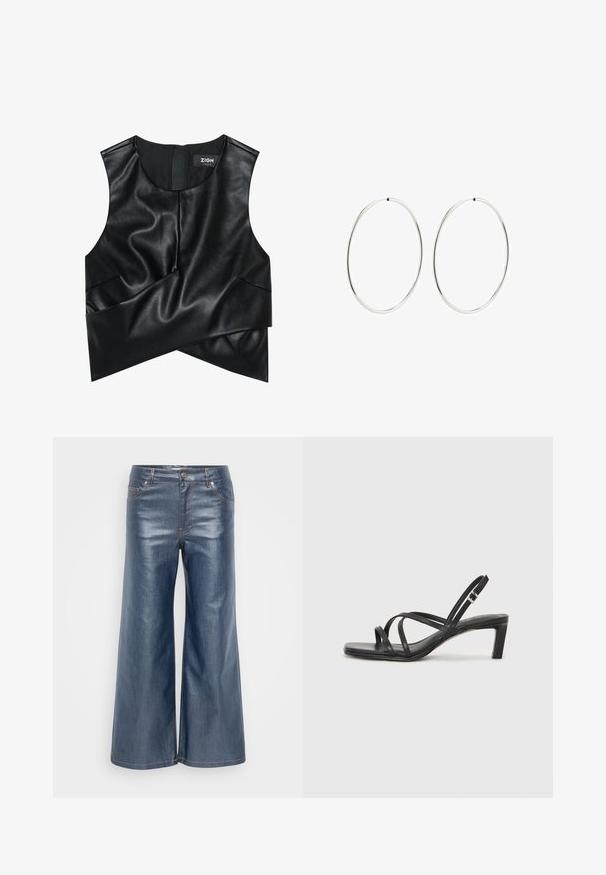Melnā bez piedurknēm topiņš, kas izgatavots no teksturēta mākslīgā ādas, ar izliekto dekoltē un vērptu priekšpusi, nodrošinot struktūru un eleganci.; Plati kāju džinsi tumši zili ar gludu tekstūru, piecu kabatu dizainu un kontrastējošiem šuvumiem. Priekšējā pogas un rāvējslēdzēja aizdare.; Melnas strappy sandales ar kvadrātveida purngaliem un zemu bloku papēdi. Ievērojamas ar vairākiem plāniem siksniņām un regulējamu potītes siksniņu. Izgatavotas no gludas ādas.; Sudraba riņķa auskari ar gludu, apaļu dizainu un pulētu apdari. Tie ir plāni un viegli, ar vienkāršu aizdari.