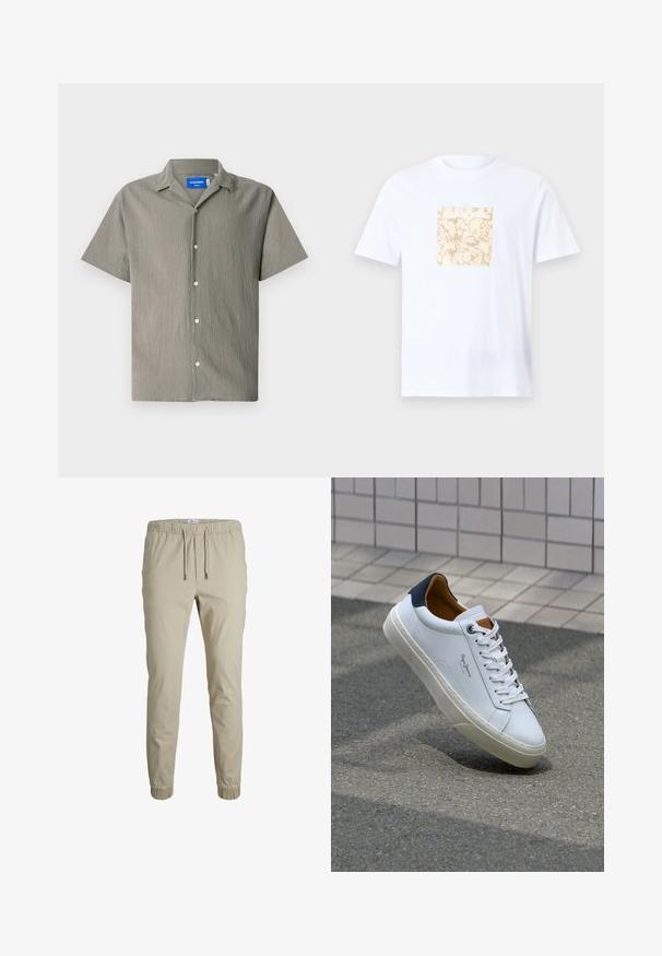 Kurzärmliges Hemd in Olivgrün mit strukturierter Oberfläche, mit Kragen und Knopfverschluss vorne. Enthält hellfarbige Knöpfe.; Weißes Baumwoll-T-Shirt mit einem quadratischen beigen Grafikdesign mit einem strukturierten Muster in der Mitte. Kurze Ärmel und runder Halsausschnitt.; Beige Tapered-Jogginghosen mit elastischem Bund, Kordelzug und Knöchelabschlüssen, aus weichem Stoff gefertigt. Sie zeichnen sich durch eine glatte Textur und ein minimalistisches Design aus.; Weiße Ledersneaker mit navyfarbenem Fersenbereich, runder Zehenpartie und kontrastierenden braunen Akzenten. Verfügt über flache Schnürsenkel und eine strukturierte Gummisohle.