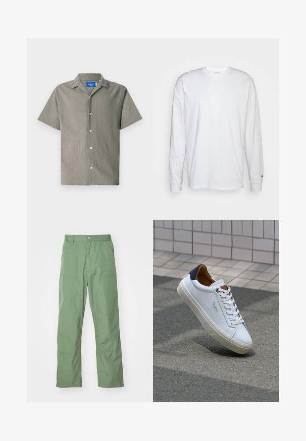 Camisa de manga corta en verde oliva con un acabado texturizado, que presenta un cuello y cierre de botones en el frente. Incluye botones de color claro.; Camiseta blanca de manga larga hecha de algodón. Diseño de cuello redondo con puños acanalados y un pequeño logo en la manga izquierda. Textura suave.; Pantalones de corte relajado en un suave tono verde claro, con una textura lisa, que incluyen bolsillos laterales y detalles de costura visibles. De largo completo con un diseño de pierna recta.; Zapatilla de cuero blanca con talón en azul marino, punta redonda y acentos en marrón a contraste. Presenta cordones planos y suela de goma texturizada.