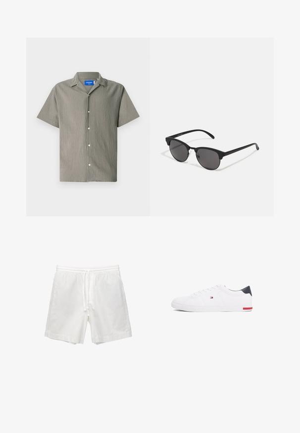 Kortærmet skjorte i olivengrøn med en tekstureret finish, der har krave og knaplukning foran. Inkluderer lyse knapper.; Hvide bomuldsbukser med elastisk talje og snøre, sidelommer og lige snit med færdige kanter.; Hvide low-top sneakers lavet af glat læder. Har en marineblå hælkappe og en rød detalje på sålen. Seks snørehuller.; Sorte solbriller med runde linser, mat finish og karakteristisk katteøje-form. Slanke arme med subtil branding på venstre stel.