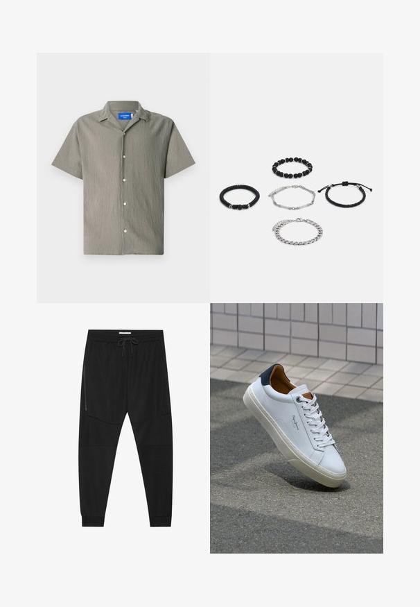 Kortærmet skjorte i olivengrøn med en tekstureret finish, der har krave og knaplukning foran. Inkluderer lyse knapper.; Sorte træningsbukser lavet af tekstureret stof, med justerbar talje, lynlåslomme på siden og tapered cuffs.; Hvide lædersneakers med en marineblå hæl, rund tå og kontrasterende brune detaljer. Har flade snørebånd og en tekstureret gummisål.; Fem armbånd: to sorte perlearmbånd, et tekstureret sorte snor, et sølvkæde og en flettet sort snor med justerbar lukning.