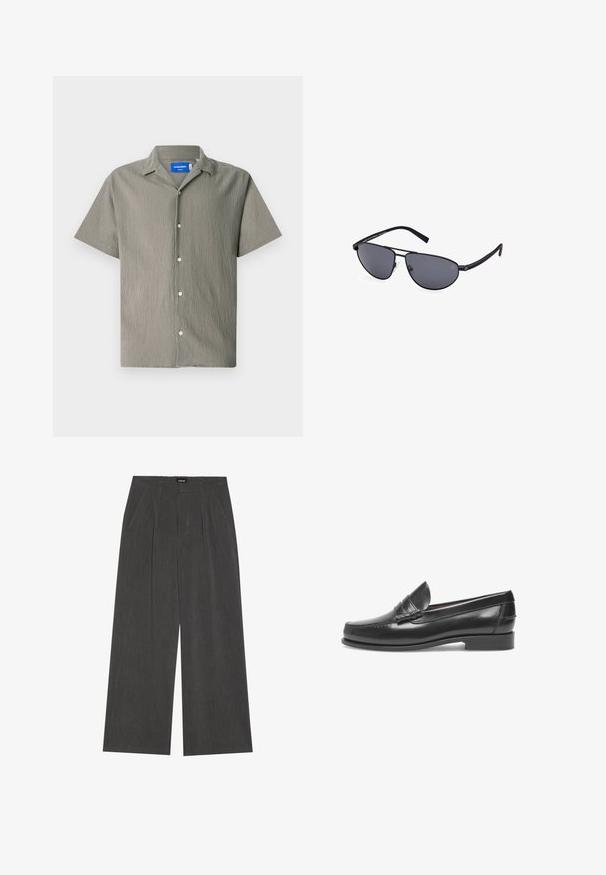 Camicia a maniche corte di colore verde oliva con finitura testurizzata, dotata di colletto e chiusura frontale con bottoni. Include bottoni di colore chiaro.; Pantaloni a gamba larga in tessuto grigio scuro, con fronte plissettato, due tasche laterali e vita piatta. Texture liscia e design sartoriale.; Mocassini di pelle nera con punta arrotondata, dettagli cuciti e una piccola fascia decorativa. Suola piatta con un leggero tacco. Texture liscia.; Occhiali da sole aviator neri con lenti grigie, montatura metallizzata sottile, forma curva e naselli in silicone per il comfort.