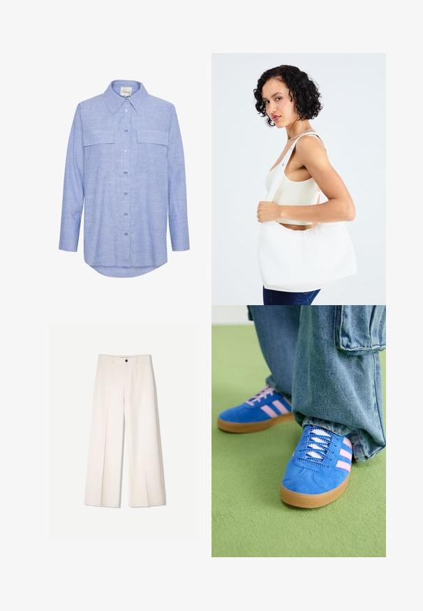 Svijetloplena košulja na dugih rukava s vertikalnim bijelim prugama, dvije prednje džepove i klasičnu kragnu. Glatka pamučna tkanina.; Kreme hlače širokih nogavica s krojem koji je prilagođen, s dva prednja džepa i jednim prednjim zatvaranjem na gumb, izrađene od glatkog materijala.; Plave zamšne cipele s ružičastim prugama i bijelim vezicama, s gumenim potplatom, u kombinaciji s širokim trapericama na zelenoj podlozi.; Bijela torba preko ramena izrađena od glatkog materijala, sa ovalnim izrezom i širokim remenom. Jednostavna i moderna, bez vidljivih metalnih dijelova.