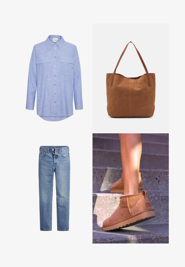 Vaaleansininen nappipaita, jossa on pystysuorat valkoiset raidat, pitkät hihat, kaksi rintataskua ja perinteinen kaulus. Silkkinen puuvillakudos.; Vaaleansiniset farkut suoran leikkauksen, viiden pussin designin ja nappisuljenta. Ominaisuuksiin kuuluu hienoinen haalistuminen ja oranssit ompeleet.; Kahdenruskeat mokkanahkaiset nilkkurit, joissa on pehmeä pinta, kirjailtua yksityiskohtaa ja kumipohja. Kengissä on myös kätevä lenkki kantapäässä, joka helpottaa pukemista.; Ruskean mokkanahkainen olkalaukku, jossa on kaksi pitkää kantohihnaa. Laukussa on sileä pinta, yksinkertainen muotoilu ja ei näkyviä materiaaleja tai koristeita.