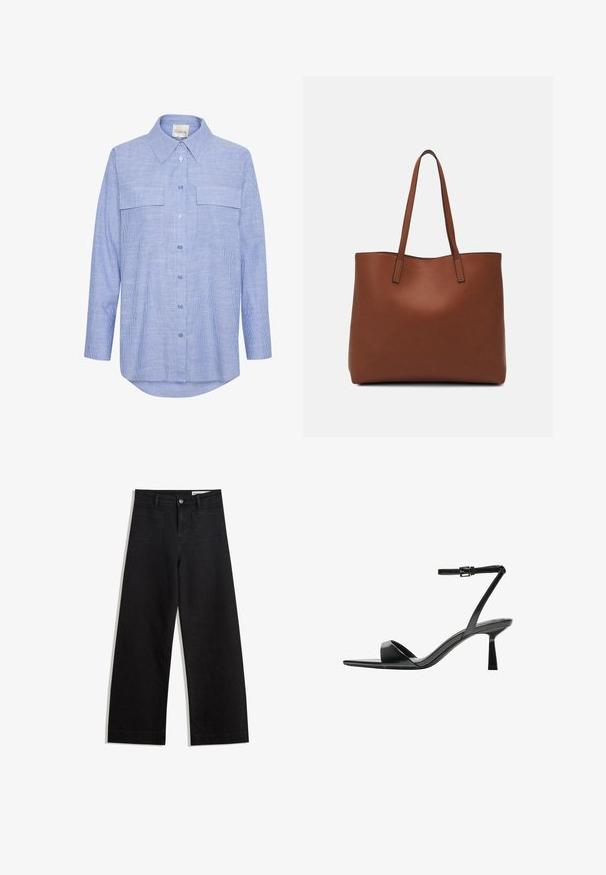 Světle modrá košile na knoflíky s vertikálními bílými pruhy, dlouhými rukávy, dvěma kapsami na hrudi a klasickým límcem. Hladká bavlněná tkanina.; Černé denimové kalhoty s volným střihem a vysokým pasem, vybavené předními a zadními kapsami, prošívanými švy a knoflíkovým zapínáním. Hladká textura.; Bershka Sandály na vysokém podpatku - black; Hnědá kožená taška přes rameno s hladkou texturou, otevřeným designem a dvěma ramenními popruhy. Obsahuje minimální švy a žádné viditelné kovové prvky.