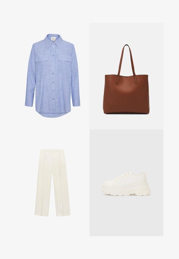 Light blue button-up shirt with vertical white stripes, long sleeves, two chest pockets, and a classic collar. Smooth cotton fabric.; Wide-legged trousers in a light cream color. Made from a smooth fabric with pleats at the front and side pockets.; White canvas sneaker with a chunky sole, rounded toe, and five eyelets for laces. Back tab for easy wear. Smooth texture, minimalist design.; Brown leather tote bag with a smooth texture, open top design, and two shoulder straps. Features minimal stitching and no visible hardware.