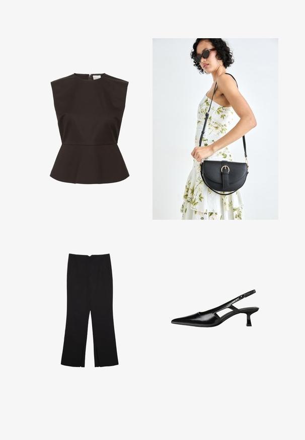 Črni peplum top z visokim ovratnikom, strukturnimi rameni in skritim zadrgo na hrbtu, izdelan iz gladke tkanine.; Črne hlače ravnega kroja z naglavnimi žepi in stranskimi razporki na robu. Narejene iz mehke, gladke tkanine. Primerne za različne priložnosti.; Črne patentični usnjeni salonarji s slingback designom, z zašiljenim nosom, izrezanim stranskim dizajnom in majhnim kvadratnim peto. Gladka tekstura z minimalnimi detajli.; Črna usnjena torbica s ukrivljeno obliko, z odstranljivo naramnico in zlatimi dodatki. Torbica ima pokrov s podrobnostmi v obliki zaponke.