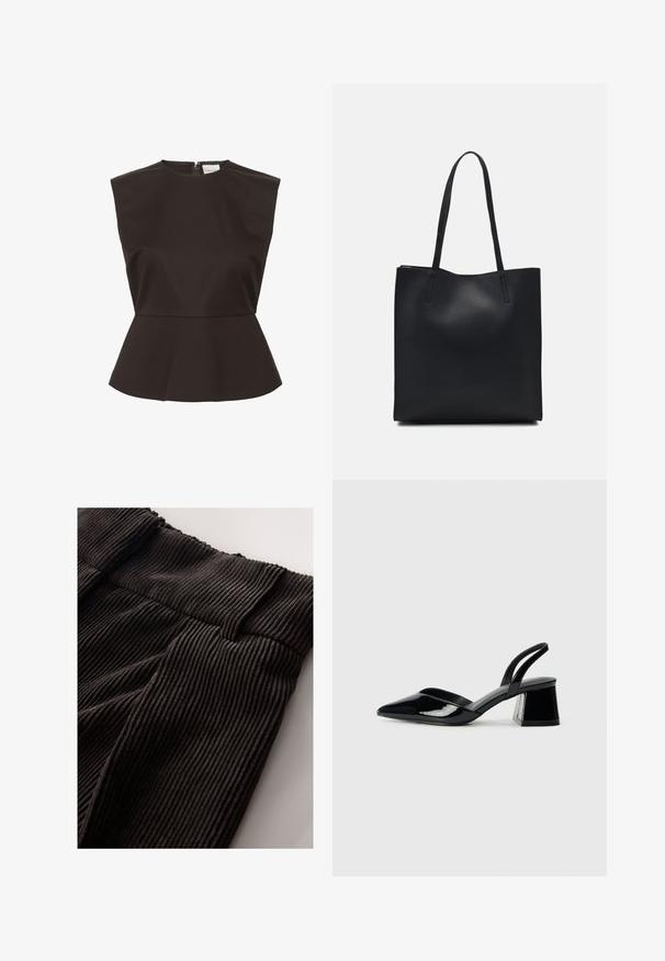 Melna pepluma blūze ar augstu apkakli, strukturētām plecu daļām un slēgtu rāvējslēdzēju aizmugurē, izgatavota no gludas auduma.; Melnas ribota audums ar biezām, elastīgām jostasvietas malām. Tekstūru veido vertikālas rievas, kas piešķir materiālam dziļumu.; Melna lakota āda ar atvērto papēdi, ar smailu purngalu un ģeometrisku blokpapēdi. Iezīmējas elegants, minimāls dizains un gluda tekstūra.; Melnas ādas somiņa ar gludu tekstūru, taisnstūra formu un divām garām rokturiem. Nav redzamu aparatūras vai rotājumu.