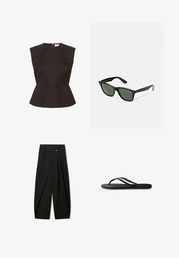 Černý peplum top s vysokým výstřihem, strukturovanými rameny a skrytým zipem na zadní straně, vyrobený z hladké látky.; Černé kalhoty s širokými nohavicemi vyrobené z hladké tkaniny, s předními sklady, zapínáním na knoflík a přizpůsobeným střihem pro strukturovanou siluetu.; Černé žabky s texturovanou gumovou podrážkou, dvěma štíhlými popruhy a jemným, embosovaným logem na popruhu.; Černé plastové sluneční brýle se zelenými skly, čtvercové obroučky, stříbrný detail na obočí a texturované stranice. Značka uvedená na vnitřní straně stranic.