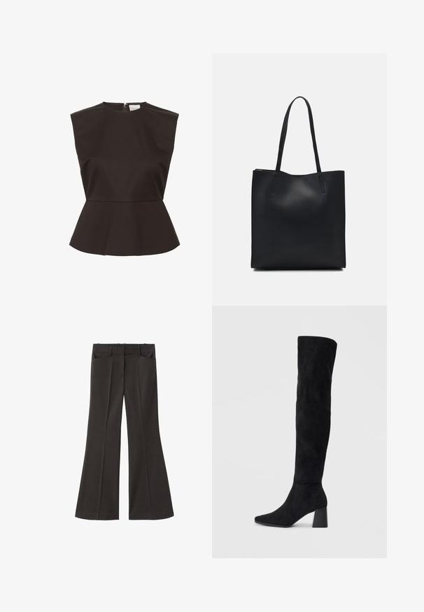 Sort peplum-top med høj hals, strukturerede skuldre og en skjult lynlås bagpå, lavet af et glat stof.; Sorte flagrende bukser med høj talje; har to forlommer og en glat stofstruktur. Egnet til forskellige anledninger.; Sorte ruskind støvler i knæhøjde med blokheel, spids tå og glat, sømløs design på en enkel lys baggrund.; Sort læder tote taske med glat tekstur, rektangulær form og to lange hanke. Ingen synlig hardware eller udsmykninger.