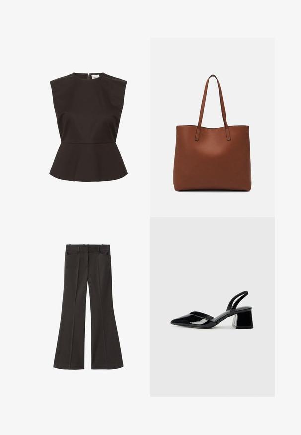Top peplum negro con cuello alto, hombros estructurados y cremallera oculta en la parte posterior, fabricado con una tela suave.; Pantalones de campana negros con cintura alta; cuentan con dos bolsillos frontales y una textura de tela suave. Adecuados para diversas ocasiones.; Zapatos de tacón slingback de charol negro con punta afilada y tacón geométrico en bloque. Presentan un diseño elegante y minimalista, así como una textura suave.; Bolso tote de cuero marrón con una textura suave, diseño de apertura superior y dos correas para el hombro. Presenta una costura mínima y sin herrajes visibles.