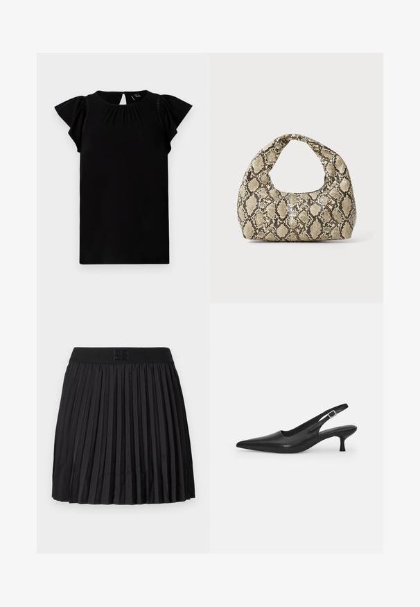 Černý top s krátkým rukávem vyrobený z měkké látky, s kulatým výstřihem, sklady a zvlněnými rukávy s výřezem na zadní straně.; Černá skládací sukně s hladkou texturou, vybavená pevným černým pasem a vyraženým detailem loga vpředu.; Černá kožená nazouvací bota se špičatou špičkou a štíhlým zakřiveným podpatkem. Obsahuje diskrétní nastavitelný pásek s kovovou sponou.; Kabelka s hadím vzorem a zakřiveným držadlem. Vyrobena z texturovaných béžových a hnědých materiálů, s charakteristickým diamantovým vzorem.
