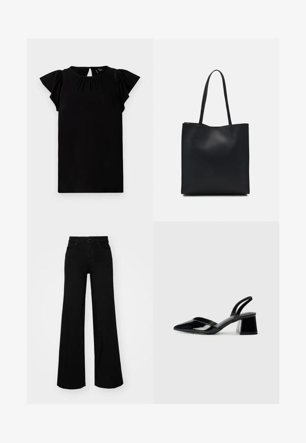 Fekete, rövid ujjú felső, puha anyagból készült, kerek nyakkivágással, redőzött részletekkel és fodros ujjakkal, hátul kivágással.; Fekete, bő szárú farmernadrág, amelynek állítható derékrésze van, övhurkokkal és elülső zsebekkel. Simaság jellemzi, klasszikus dizájnnal.; Fekete lakk bőr szandálkés magas sarkú cipő, hegyes orral és geometrikus tömbsarkakkal. Karcsú, minimalista dizájn és sima textúra jellemzi.; Fekete bőrtáska sima felszínnel, téglalap alakú, két hosszú füllel. Nincs látható fémkiegészítő vagy díszítés.