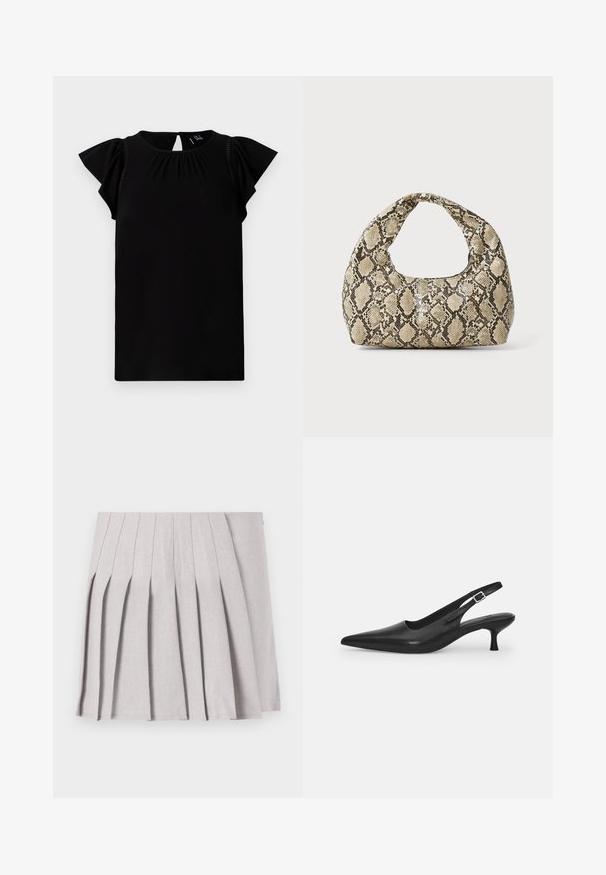 Juodas trumpas rankovėmis viršus, pagamintas iš minkštos medžiagos, su apvaliu iškirpimu, klostuotomis detalėmis ir sklindančiomis rankovėmis su išpjova nugaros dalyje.; Pilka klostuota sijonas su lygiu paviršiumi, su daugeliu vertikalių klosčių ir pritaikytu juosmeniu. Pagamintas iš lengvo audinio.; Juodos odinės slingback bateliai su smailiu nosiu ir plonu, lenktu kulnu. Yra diskretiška reguliuojama juostelė su metaliniu sagtimi.; Gyvatės rašto rankinė su kreiviu rankenėle. Pagaminta iš tekstūruotų smėlio ir rudos spalvos medžiagų, su išskirtiniu rombo raštu.