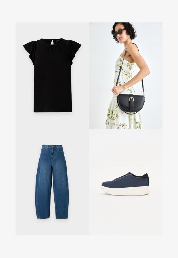 Black short-sleeve top made from soft fabric, featuring a round neckline, pleated details, and flutter sleeves with cut-out at the back.; Denim jeans in a medium blue wash, featuring a high waist, wide leg cut, and standard five-pocket design with visible stitching details.; Navy blue sneaker with a textured fabric upper, white platform sole, rounded toe, and black heel accent. Features six eyelets for laces.; Black leather handbag with a curved shape, detachable strap, and gold hardware. The bag features a flap with a buckle detail.