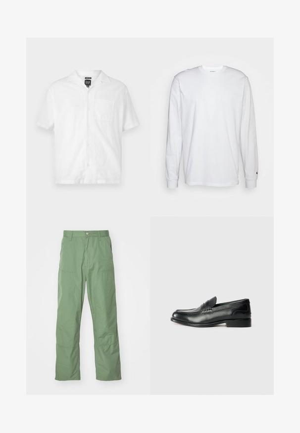 Valge lühikeste varrukatega särk kergest kangast, nupuga ees, terava kraega ja rinnaehega. Minimalistlik disain.; Valge pika varrukaga T-särk, mis on valmistatud puuvillast. Ümmargune kaelus, ribaga mansetid ja väike logo vasakul varrukal. Sile tekstuur.; Heledad rohelised, mugavad püksid, millel on sujuv tekstuur, küljetaskud ja nähtavad õmblusdetailid. Täispikkusega ja sirge jala disainiga.; Mustad mustad nahast loafers, mis on kaunistatud sileda viimistluse, õmblusdetailide ja veidi kõrgendatud kannaga.