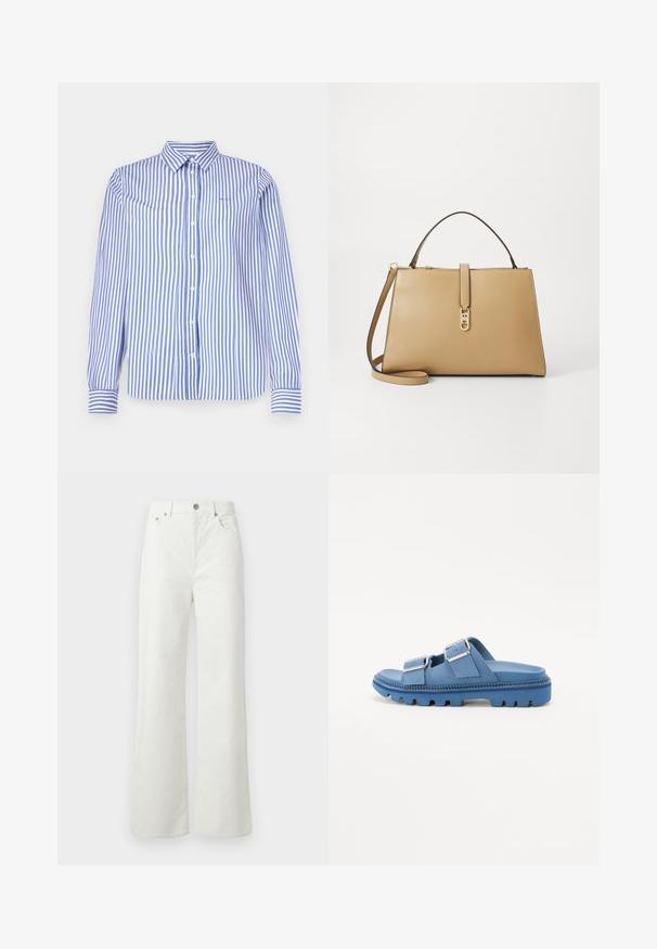 Blå og hvit stripet langermet skjorte med krage. Har frontknapper og kontrasterende stripete mansjetter. Av bomullsmateriale.; Samsøe Samsøe SHELLY - Jeans relaxed fit - clear cream; Blå plattform sandaletter med to justerbare spennelukk, teksturert gummisåle og glatt overmateriale. Kraftig, avrundet design.; Tommy Hilfiger LIBRE SATCHEL - Håndveske - safari