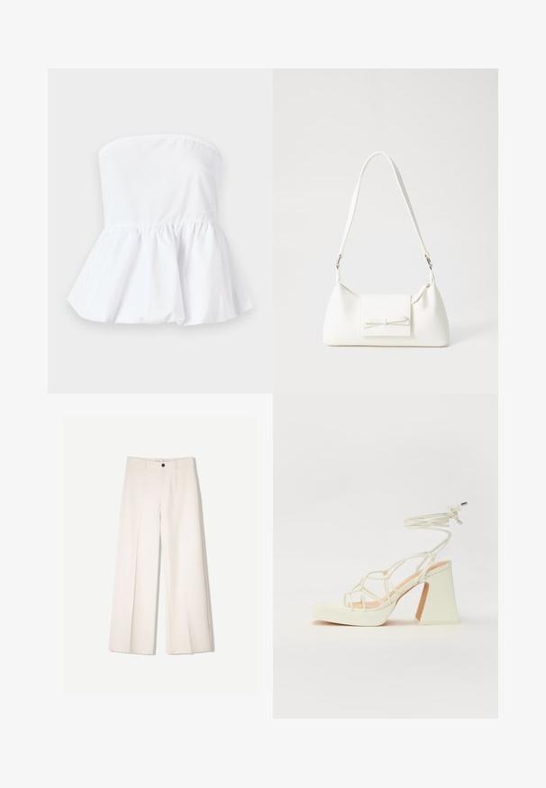 Fehér, pánt nélküli felső, könnyű anyagból készült, rugalmas nyakkivágással és bővülő peplum alsó résszel, sima textúrával.; Tejbézs széles lábú nadrág, szabott kialakítással, két elülső zsebbel és egyetlen elülső gombos záródással, sima anyagból készült.; Fehér, magassarkú szandál vastag sarokkal, pántos dizájnnal és bokapánttal. Sima textúra, elülső platformmal a megnövelt magasság érdekében.; Fehér szintetikus kézitáska, háromszög alakú, lapos előlap, masni részlettel, állítható pánttal, sima textúrával és minimalista dizájnnal.