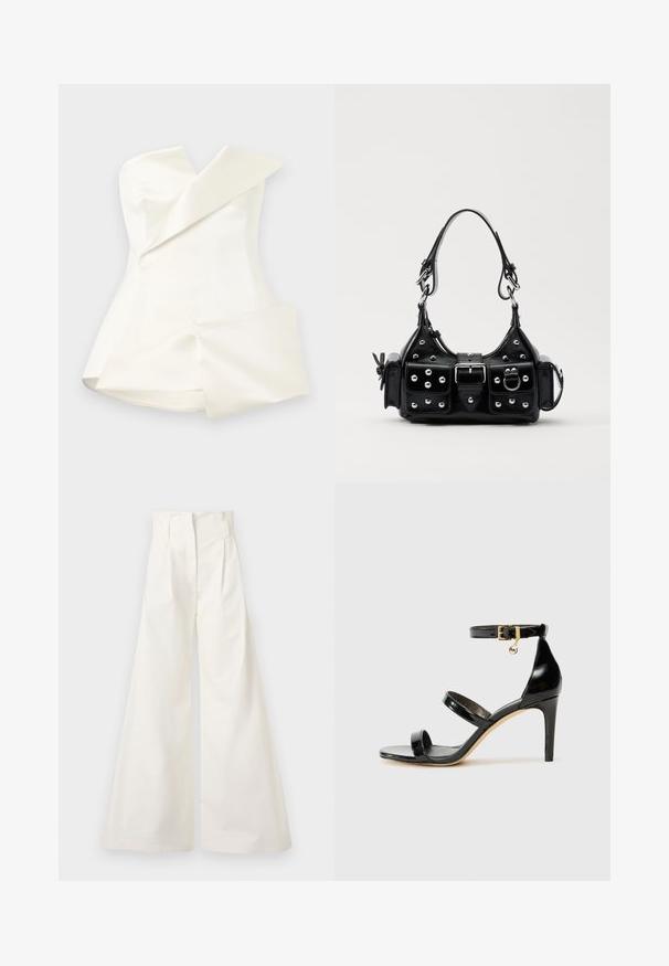 A.W.A.K.E. MODE CORSETED TUXEDO - Débardeur - ivory; Pantalons blancs à jambes larges en coton, dotés d'une taille haute, de plis à l'avant et d'un design épuré sans poches.; Sandale en cuir verni noir avec trois brides, boucle de cheville et talon aiguille de 10 cm. Présente un détail en métal doré et un charm logo.; Sac à main en cuir noir au design courbé, avec des clous en argent, une boucle et deux poches latérales. Bandoulière réglable pour différentes options de transport.