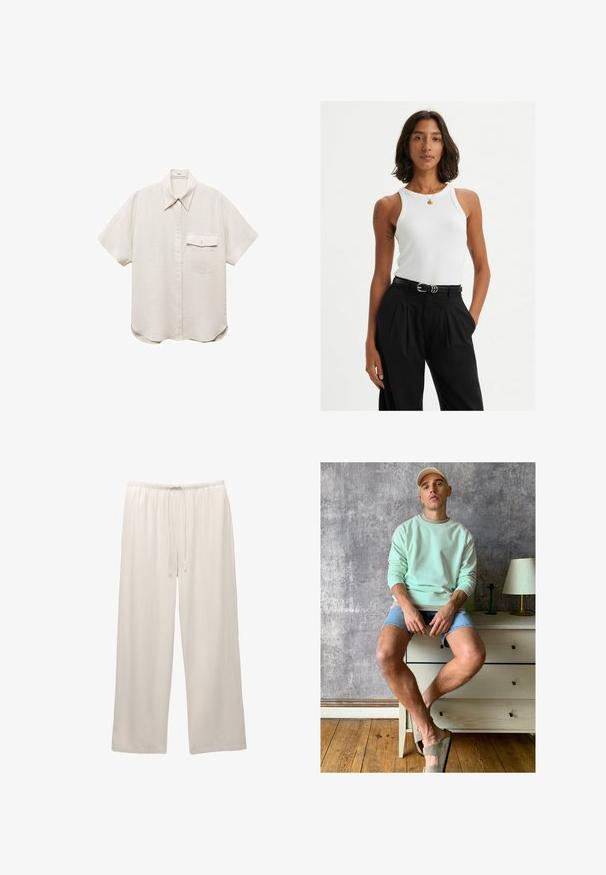 Camicetta a maniche corte di un leggero colore beige, con un'apertura a bottoni e una singola tasca sul petto. Realizzata in un morbido tessuto testurizzato.; Canotta bianca a coste, con spalline larghe e un design aderente, abbinata a pantaloni neri a vita alta e una cintura nera.; Pantaloni a gamba larga di colore chiaro, realizzati in un tessuto morbido con una vita elastica e un cordino regolabile per il massimo comfort.; Felpa verde menta, shorts in denim e scarpe slip-on verde oliva. Seduto su un comò chiaro contro un muro grigio texturizzato.