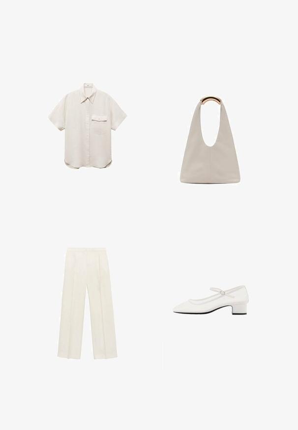 Korte mouwen, lichtbeige overhemd met een knoopsluiting aan de voorkant en een enkele borstzak. Gemaakt van een zachte, gestructureerde stof.; Wijdgevallen broeken in een lichtcrème kleur. Gemaakt van een zachte stof met plooien aan de voorkant en zijzakken.; Witte patenten leren Mary Jane-schoen met een ronde neus, een middelhoge chunky hak en een verstelbare band met een zilveren gesp.; Lichtgrijze leren tas met een U-vormig ontwerp en een gebogen metalen handvat. Glad oppervlak met minimale stiksels en geen zichtbare patronen.