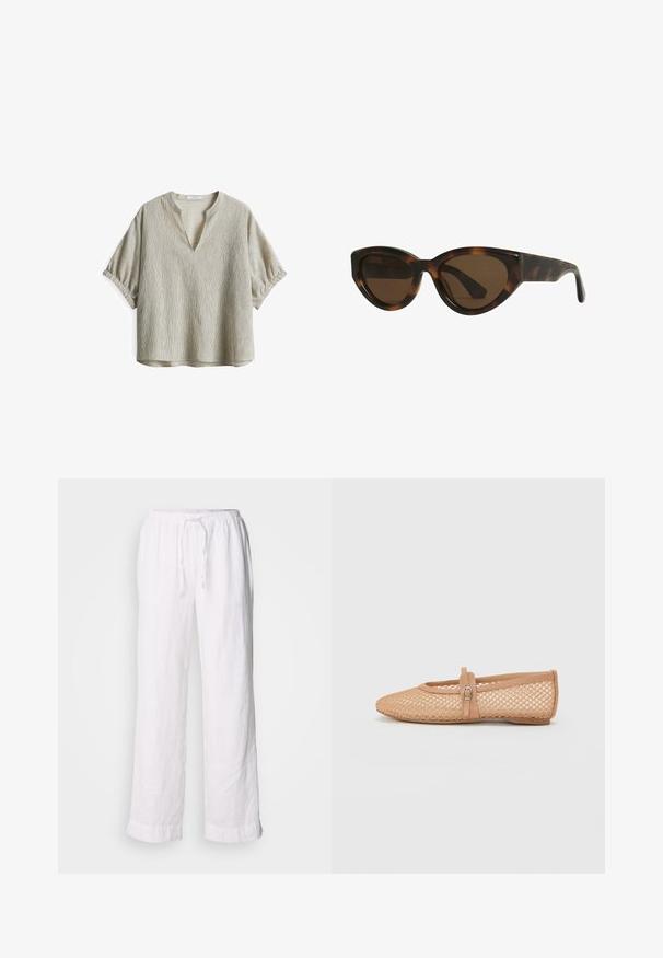 Helle beige kurzärmlige Bluse mit tiefem V-Ausschnitt. Strukturierter Stoff mit dezenten vertikalen Streifen und gerafften Ärmelakzenten.; Weiße Leinenhosen mit einem lockeren Schnitt, elastischem Bund und Kordelzug. Sie verfügen über gerade Beine und umgeschlagene Säume für einen lässigen Look.; Nude-Mesh-Ballettschuhe mit spitzer Zehenpartie, geschlossenem Fersenbereich und einem dekorativen Riemen mit Schnalle über dem Rist. Strukturierte Oberfläche.; Schildpatt-farbene Cat-Eye-Sonnenbrille mit braunen Gläsern, ausgestattet mit glatten, glänzenden Kunststoffrahmen und einem eleganten Design. Keine sichtbaren Logos oder Akzente.; Beige geflochtene Stroh-Umhängetasche mit einem umklappbaren Deckel, metallischem Verschluss und einer Kettenriemen. Texturierte Oberfläche mit gleichmäßigem Muster.
