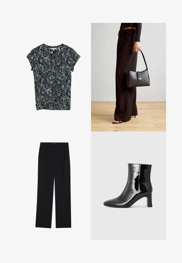 Navy blouse with small white, green, and blue dot pattern, short sleeves, v-neck, and gathered detail at the bottom.; Black trousers with a straight-leg design, featuring two front pockets and a waistband. Made from a smooth, lightweight fabric.; Black patent leather ankle boot with a pointed toe and a mid-height block heel. Smooth texture and minimalist design.; Black handbag with structured shape, smooth texture, and a metallic clasp. Paired with wide black pants and open-toe sandals on wooden floor.