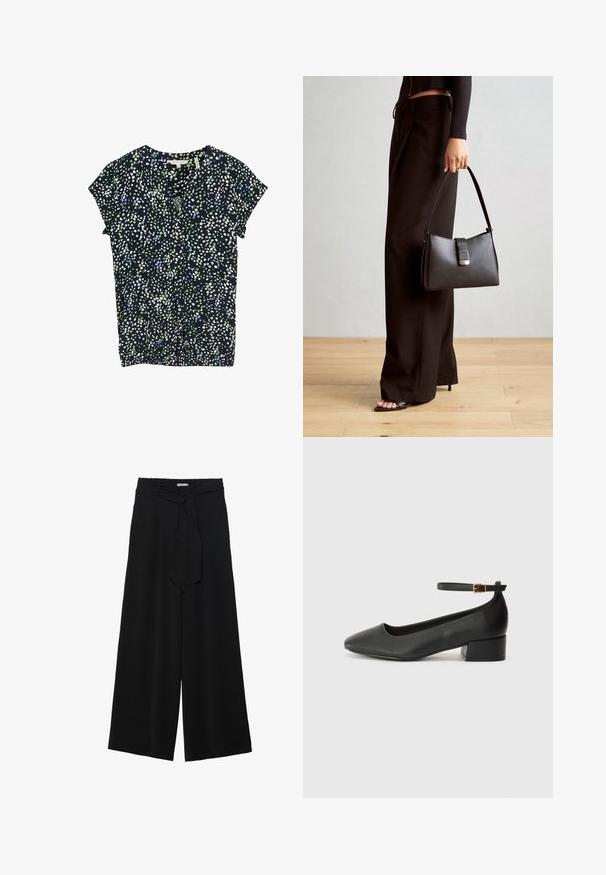 Navy blouse with small white, green, and blue dot pattern, short sleeves, v-neck, and gathered detail at the bottom.; Black wide-leg pants featuring a textured fabric, an elastic waistband, and a detachable sash tie at the waist for adjustable fit.; Black leather pump with a pointed toe and a low block heel. Features an ankle strap with a gold-tone buckle. Smooth texture.; Black handbag with structured shape, smooth texture, and a metallic clasp. Paired with wide black pants and open-toe sandals on wooden floor.