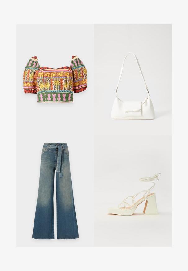 Colorful cropped top featuring puffed sleeves, intricate floral and pineapple patterns in red, yellow, pink, green, and blue on a light background.; Wide-leg denim trousers featuring a light to dark blue gradient, high waist, belt loops, and a matching fabric belt. Textured denim finish.; White high-heeled sandal with a chunky heel, featuring a strappy design and ankle tie. Smooth texture with a platform front for added height.; White synthetic handbag with a triangular shape, flat front flap and bow detail, adjustable strap, smooth texture, and minimalistic design.