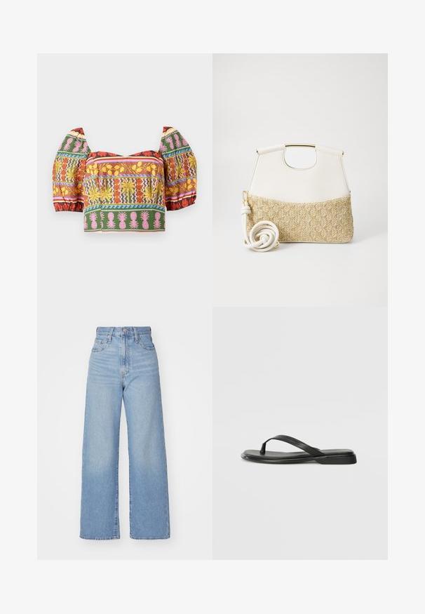 Top corto colorato con maniche a sbuffo, complessi motivi floreali e ananas in rosso, giallo, rosa, verde e blu su uno sfondo chiaro.; Jeans a vita alta blu chiaro con gamba larga, chiusura frontale con bottone e zip, tasche anteriori e posteriori, su uno sfondo bianco.; Infradito neri in pelle liscia, con un design a fascia sottile e una suola piatta dal profilo minimale. Nessun motivo o accento particolare.; Borsa a tracolla bianca in pelle con fondo in tessuto intrecciato crema dalla texture. Presenta un manico dorato e una tracolla bianca avvolta per maggiore versatilità.