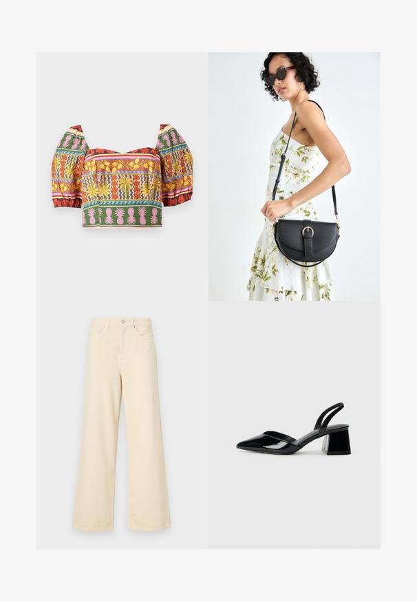 Színes, rövidített felső, puffos ujjakkal, bonyolult virág- és ananászmintákkal piros, sárga, rózsaszín, zöld és kék színekkel egy világos háttéren.; Bézs, széles lábú farmernadrág, pamutból készült. Gombos záródással, övhurkokkal és elülső zsebekkel rendelkezik, sima, puha tapintással.; Fekete lakk bőr szandálkés magas sarkú cipő, hegyes orral és geometrikus tömbsarkakkal. Karcsú, minimalista dizájn és sima textúra jellemzi.; Fekete bőrtáska ívelt formával, levehető pánttal és arany színű fémrészekkel. A táskán egy csattal díszített fedél található.