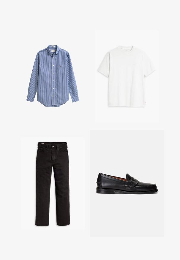 Zils un balts vertikāli svītrains garām piedurknēm krekls ar pogu aizdares apkakli, vienu priekšējo kabatu un apaļu apakšmalu. Gluda kokvilnas auduma.; Balta kokvilnas T-krekls ar īsām piedurknēm, apaļu kakla izgriezumu un maigi redzamu Levi's logotipu centrā. Mīksta tekstūra un standarta piegriezums.; Melnas taisnās kājas džinsu bikses ar piecām kabatām, pogu aizdari un jostas cilpām, izliktas uz balta fona.; Melni ādas loaferi ar gludu apdari, apaļu purngalu un dekoratīvu joslu pāri augšdaļai. Aprīkoti ar zemu melnu zolīti.