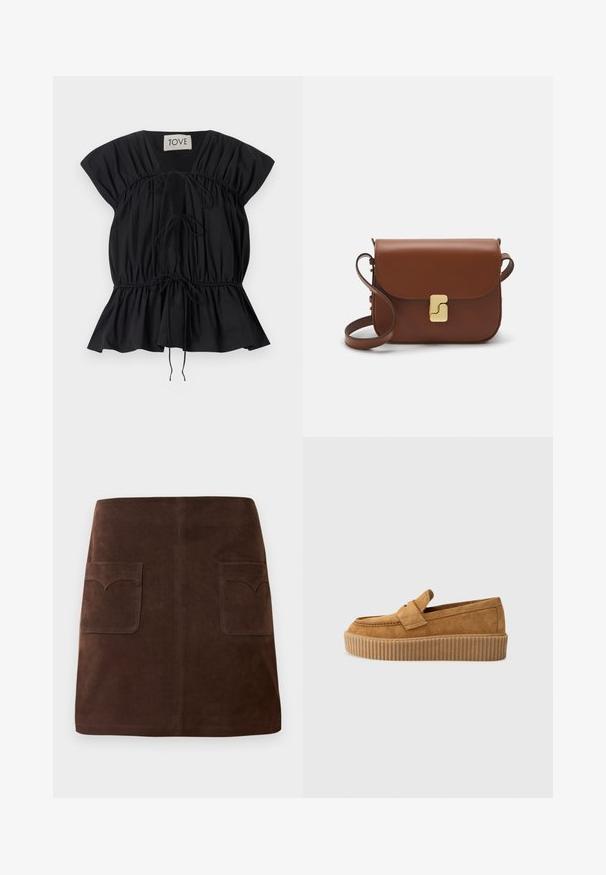Černá blůza s krátkým rukávem, se shromážděným designem, nastavitelnými šňůrkami v pase a zvonovým lemem. Vyrobena z hladké, lehké tkaniny.; Hnědá sukně z nubuku s klasickým áčkovým střihem, dvěma předními kapsami s zaoblenými klopami a subtilními švy.; Hnědé semišové mokasíny s kulatou špičkou, se žebrovanou platformou a dekoračním páskem přes vrch.; Hnědá kožená kabelka s klopou, zlatými kovovými detaily, ramenním popruhem a hladkým povrchem. Kompaktní obdélníkový tvar.
