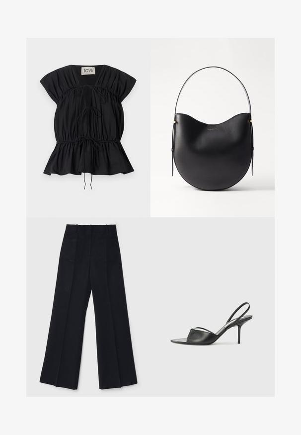 Juoda trumpomis rankovėmis bluzonė su surinktu dizainu, reguliuojamais juosmens raiščiais ir išplatintu apvadu. Pagaminta iš sklandžios, lengvos medžiagos.; Juodi plačių kojų kelnes, pagamintas iš lygios medžiagos, su aukštu liemeniu, dviem užpakalinėmis kišenėmis ir subtiliomis priekinėmis raukšlėmis, suteikiančiomis papildomą formą.; Juodos odinės slingback aukštakulnės bateliai su smailiu priekiniu galu, plona kulkšnies juostele ir stiletto kulnu. Papuošti mazginio detalė vampyro dalyje.; Juodas odinis peties krepšys su kreiviu kontūru, plona rankena ir subtiliais auksiniais akcentais. Lygaus paviršiaus su minimalistiniu dizainu.