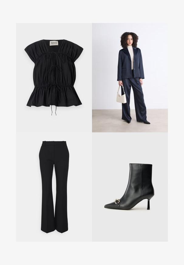 Schwarze kurzärmlige Bluse mit gerafftem Design, verstellbaren Bindebändern an der Taille und einem ausgestellten Saum. Hergestellt aus glattem, leichtem Stoff.; Schwarze plissierte Hose mit geradem Schnitt, aus einem glatten Stoff gefertigt. Sie hat einen hohen Bund und unsichtbare seitliche Taschen.; Schwarze Leder-Stiefelette mit spitzer Zehe, schlankem, mittelhohem Absatz und silberner Schnalle seitlich vor einem schlichten Hintergrund.; Marineblauer Anzug mit einem taillierten Blazer und weit geschnittenen Hosen, kombiniert mit einem hellen Rollkragenpullover. Hält eine Cremefarbene Handtasche mit einem Riemendetail.