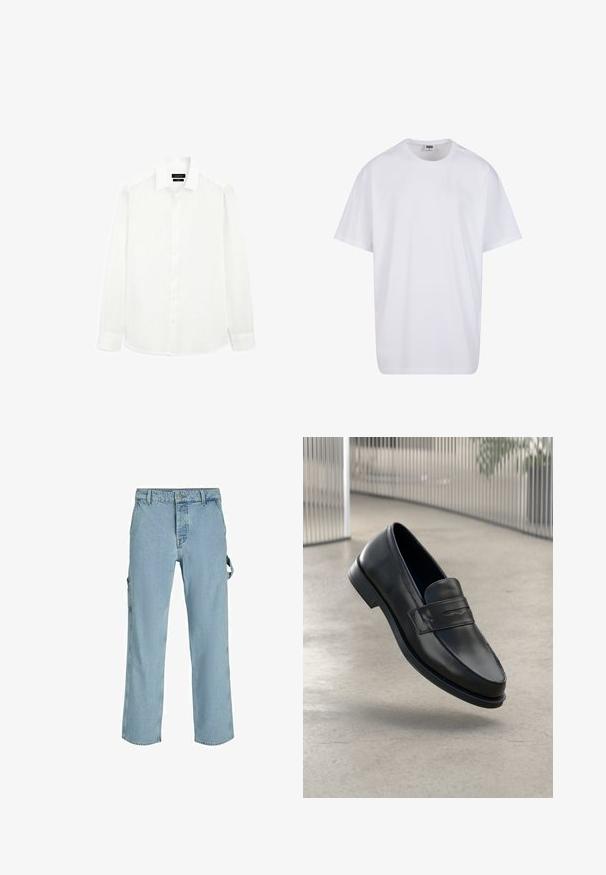 Weißes Langarmhemd mit klassischem Kragen, durchgehender Knopfleiste und geradem Saum. Hergestellt aus leichtem Material mit glatter Oberfläche.; Weiße Baumwoll-T-Shirt mit kurzen Ärmeln, rundem Ausschnitt, lockerer Passform und ohne sichtbare Logos oder Muster. Glatte Textur und minimalistisches Design.; Hellblaue Denim-Cargo-Hosen mit entspannter Passform, ausgestattet mit seitlichen Befestigungsschlaufen und Fronttaschen, die eine ausgewaschene Textur aufweisen.; Schwarzer Lederloafer mit glatter Textur, spitzer Zehe und einem dekorativen Riemen über dem Rist. Leichte Sohle, minimalistisches Design.